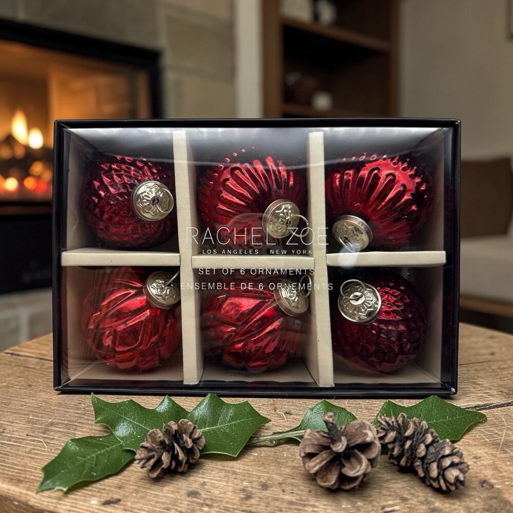 Rachel Zoe Red Beveled Mercury Glass Christmas Ornaments Set 6 Kugel Style